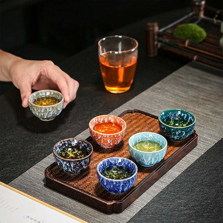 Colorful Jianzhan Teacups Set, Ceramic Tea Cups for Tasting Tea, Artistic Chinese Tea Ceremony Cups