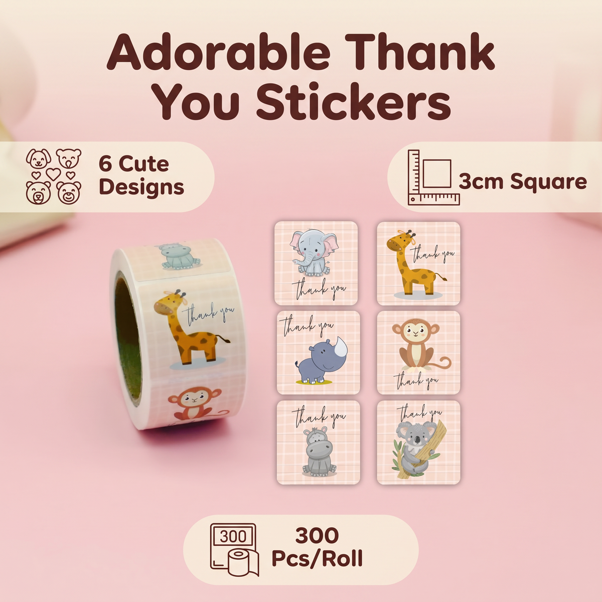 Axxlern Design 300 Thank You Stickers,Animal Labels,6 Designs