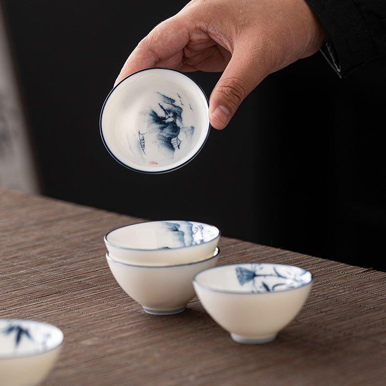 Blue and White Jianzhan Tea Cups Set, Ceramic Teacups for Tea Tasting, Traditional Chinese Tea Ceremony Cups