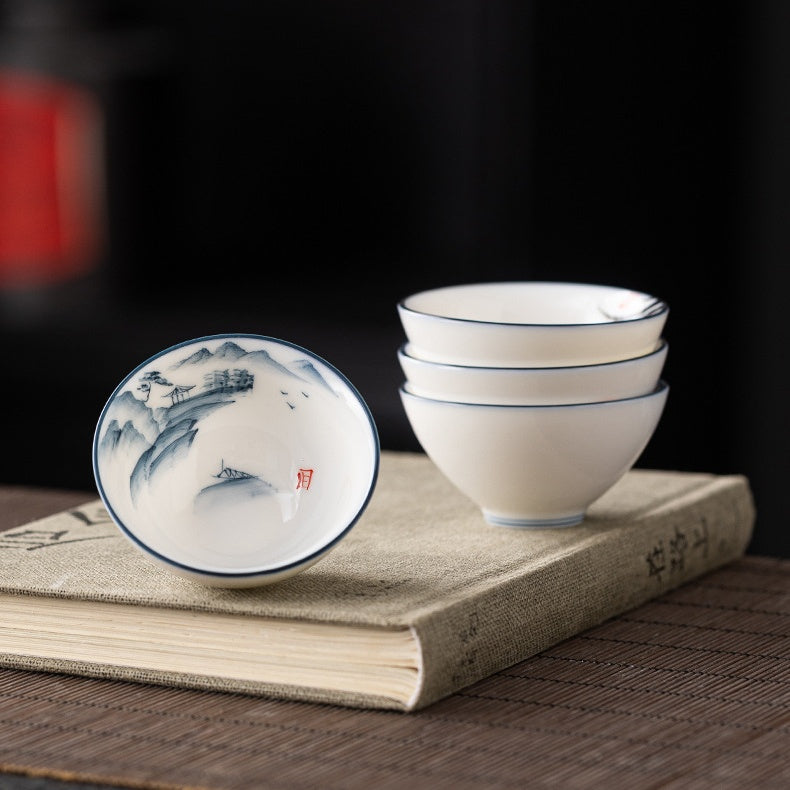 Blue and White Jianzhan Tea Cups Set, Ceramic Teacups for Tea Tasting, Traditional Chinese Tea Ceremony Cups