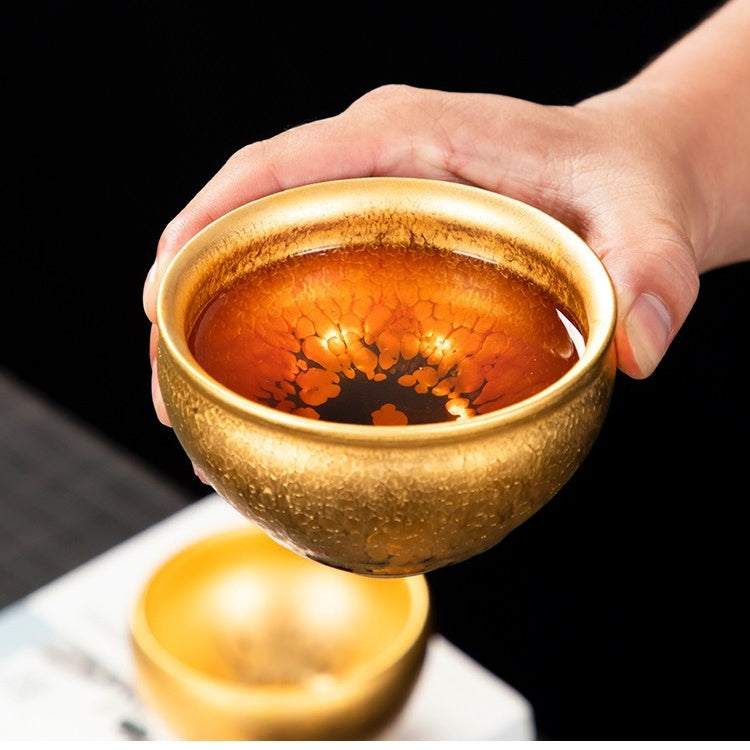 Handmade Golden Glaze Ceramic Teacup, Artisan Crafted Tea Bowl with Unique Crackle Pattern, Perfect for Tea Ceremony and Gift