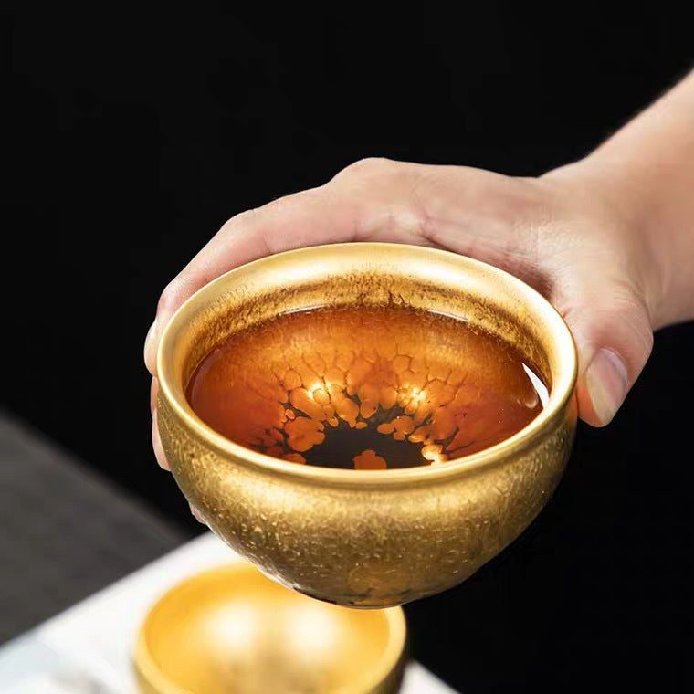Handmade Golden Glaze Ceramic Teacup, Artisan Crafted Tea Bowl with Unique Crackle Pattern, Perfect for Tea Ceremony and Gift