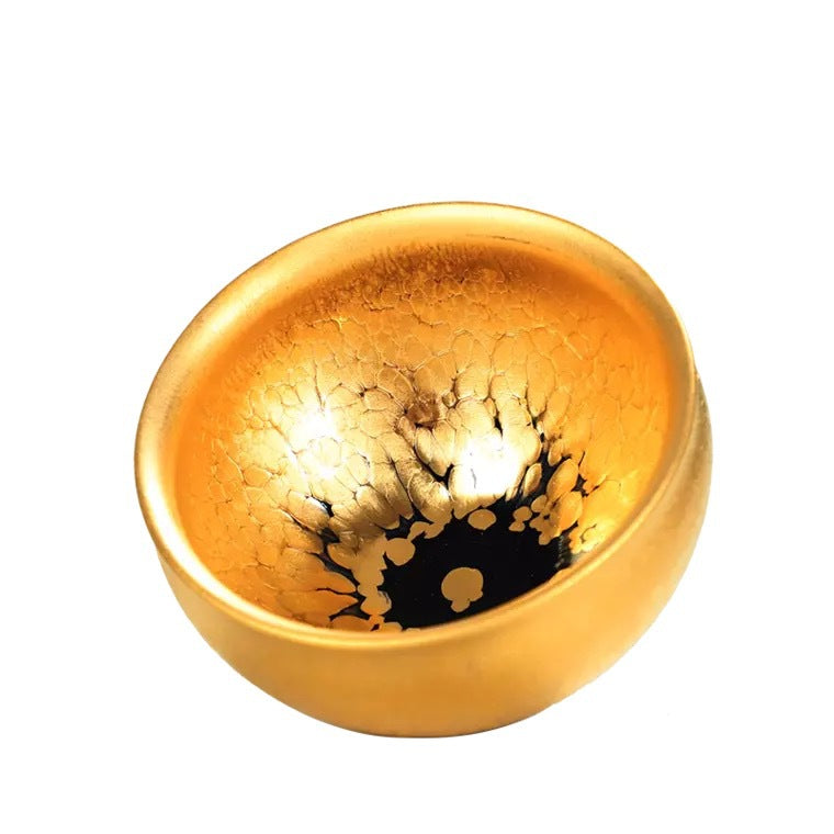 Handmade Golden Glaze Ceramic Teacup, Artisan Crafted Tea Bowl with Unique Crackle Pattern, Perfect for Tea Ceremony and Gift