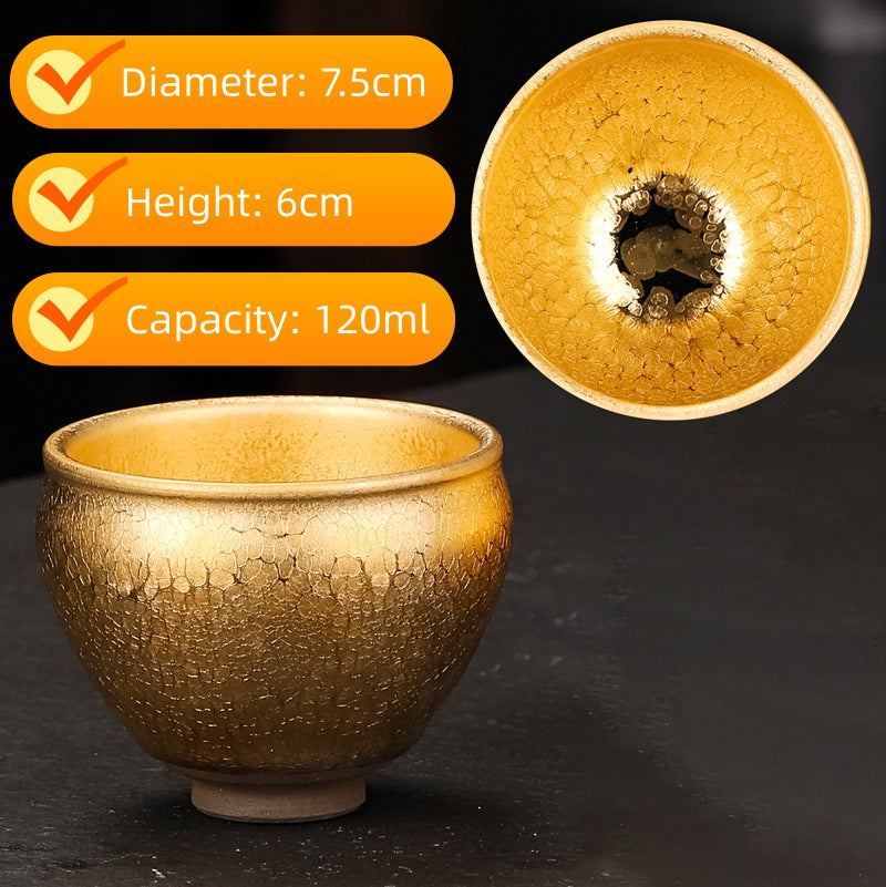 Handmade Golden Glaze Ceramic Teacup, Artisan Crafted Tea Bowl with Unique Crackle Pattern, Perfect for Tea Ceremony and Gift