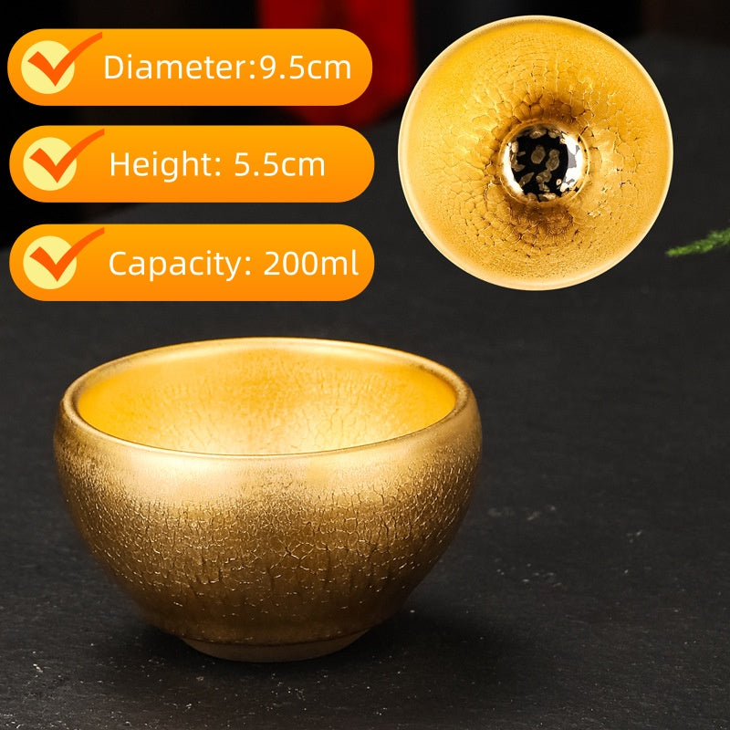 Handmade Golden Glaze Ceramic Teacup, Artisan Crafted Tea Bowl with Unique Crackle Pattern, Perfect for Tea Ceremony and Gift
