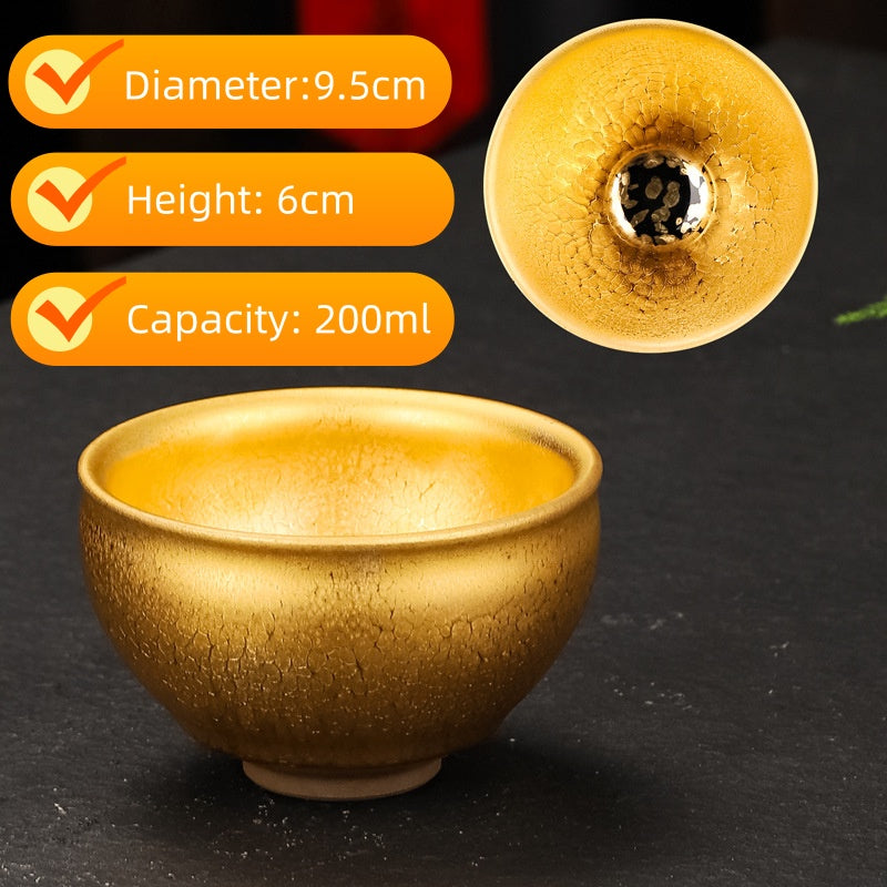 Handmade Golden Glaze Ceramic Teacup, Artisan Crafted Tea Bowl with Unique Crackle Pattern, Perfect for Tea Ceremony and Gift