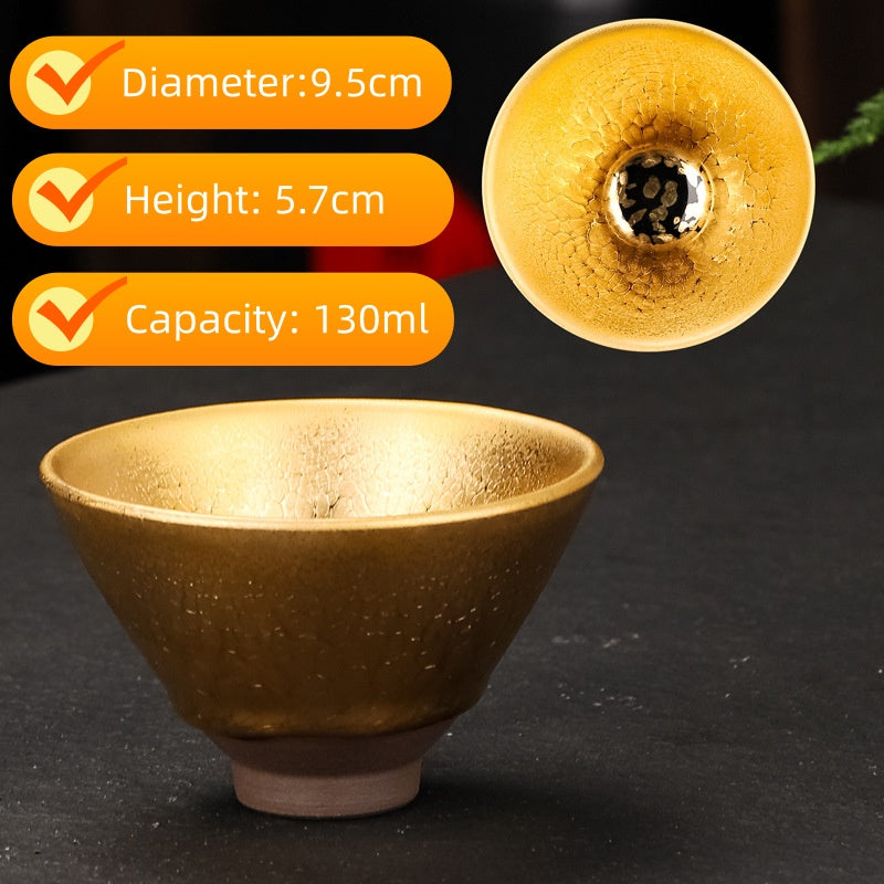 Handmade Golden Glaze Ceramic Teacup, Artisan Crafted Tea Bowl with Unique Crackle Pattern, Perfect for Tea Ceremony and Gift