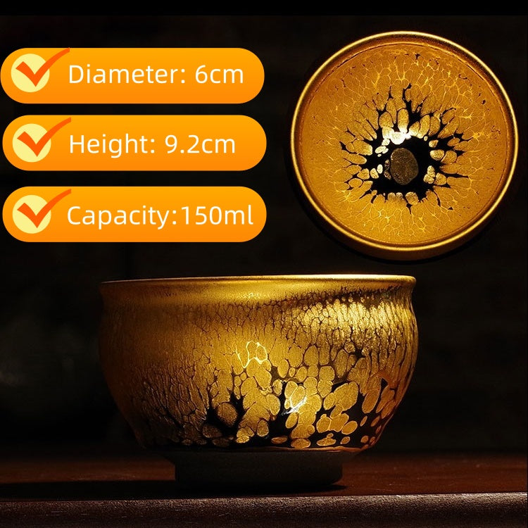 Handmade Golden Glaze Ceramic Teacup, Artisan Crafted Tea Bowl with Unique Crackle Pattern, Perfect for Tea Ceremony and Gift