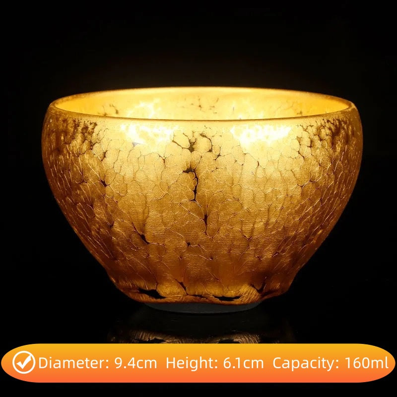 Handmade Golden Glaze Ceramic Teacup, Artisan Crafted Tea Bowl with Unique Crackle Pattern, Perfect for Tea Ceremony and Gift