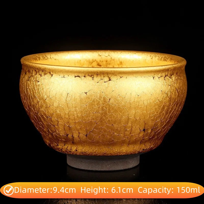 Handmade Golden Glaze Ceramic Teacup, Artisan Crafted Tea Bowl with Unique Crackle Pattern, Perfect for Tea Ceremony and Gift