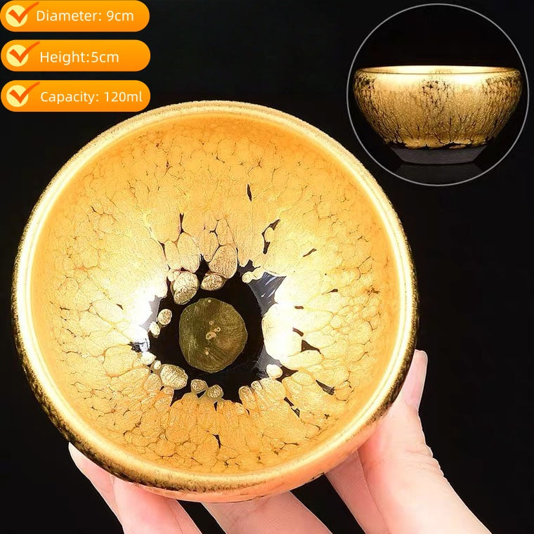 Handmade Golden Glaze Ceramic Teacup, Artisan Crafted Tea Bowl with Unique Crackle Pattern, Perfect for Tea Ceremony and Gift