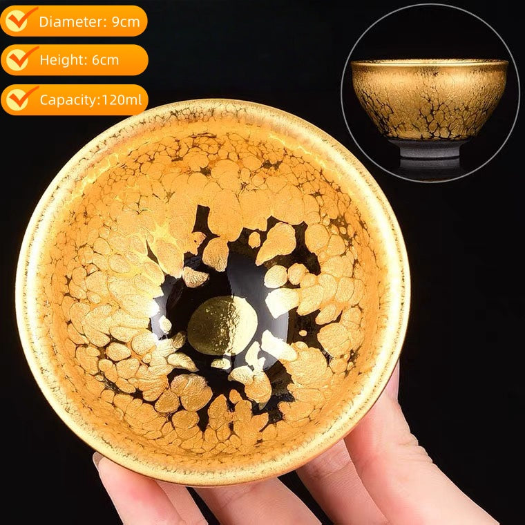 Handmade Golden Glaze Ceramic Teacup, Artisan Crafted Tea Bowl with Unique Crackle Pattern, Perfect for Tea Ceremony and Gift