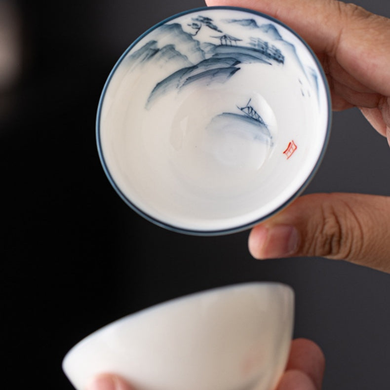 Blue and White Jianzhan Tea Cups Set, Ceramic Teacups for Tea Tasting, Traditional Chinese Tea Ceremony Cups