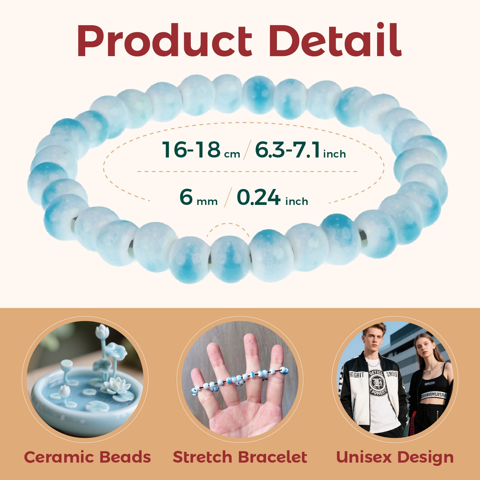 Handmade Blue and White Beaded Bracelet for Women, Round Bead Stretch Bracelet, Boho Jewelry Gift