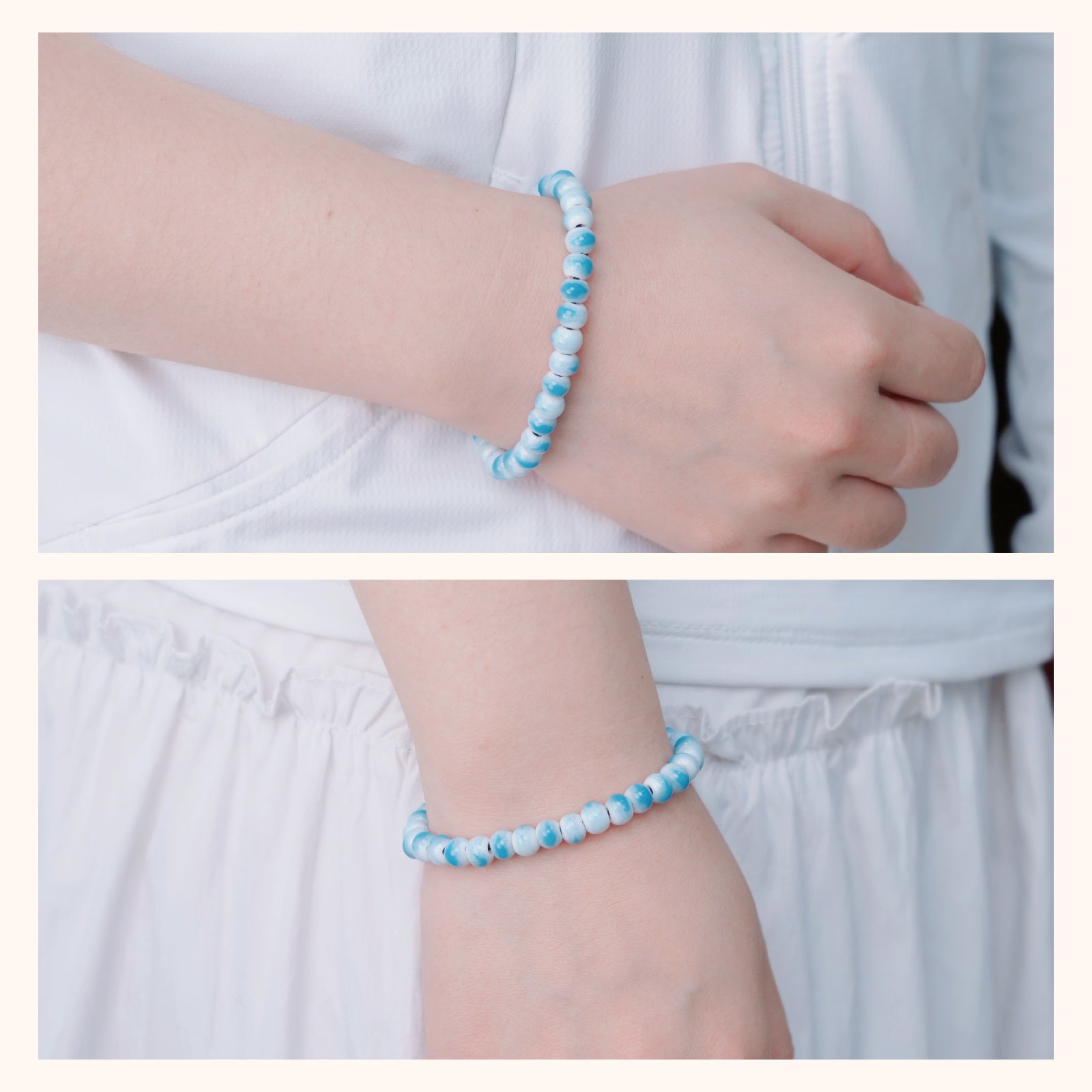 Handmade Blue and White Beaded Bracelet for Women, Round Bead Stretch Bracelet, Boho Jewelry Gift