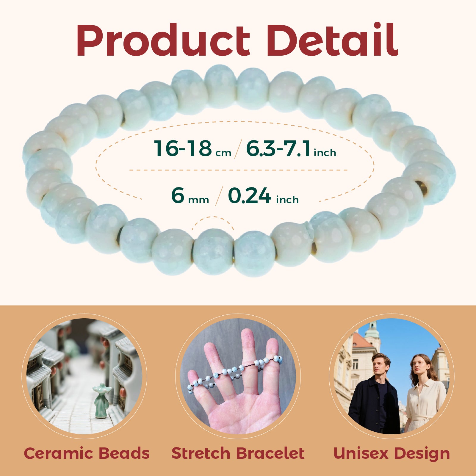 Handmade Light Blue Ceramic Beaded Stretch Bracelet for Women, Boho Style Round Bead Elastic Bracelet, Dainty Daily Wear Jewelry Gift
