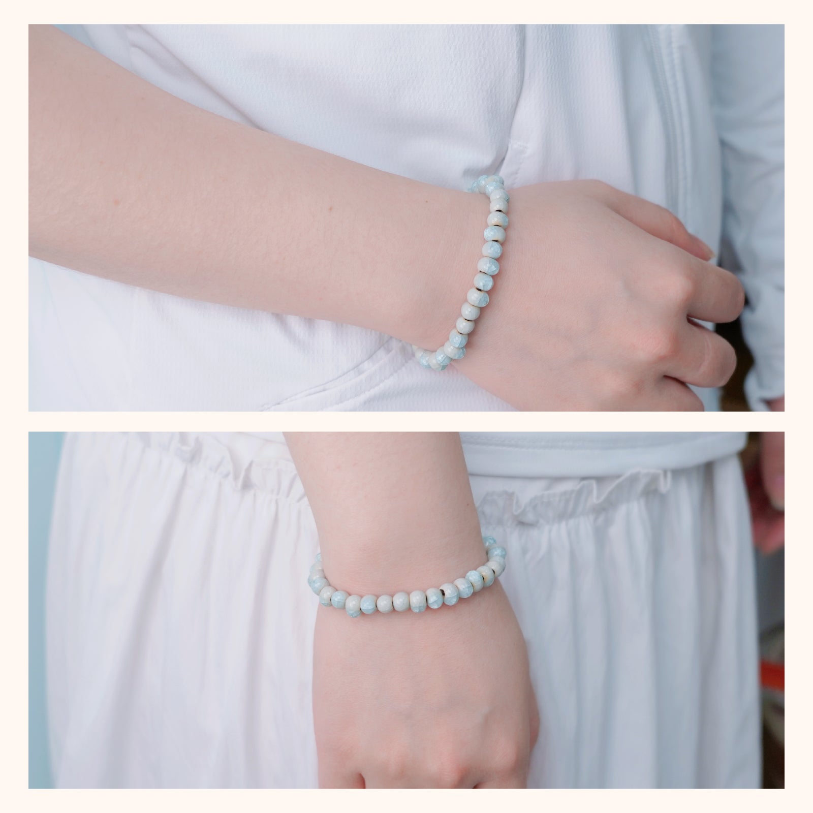 Handmade Light Blue Ceramic Beaded Stretch Bracelet for Women, Boho Style Round Bead Elastic Bracelet, Dainty Daily Wear Jewelry Gift