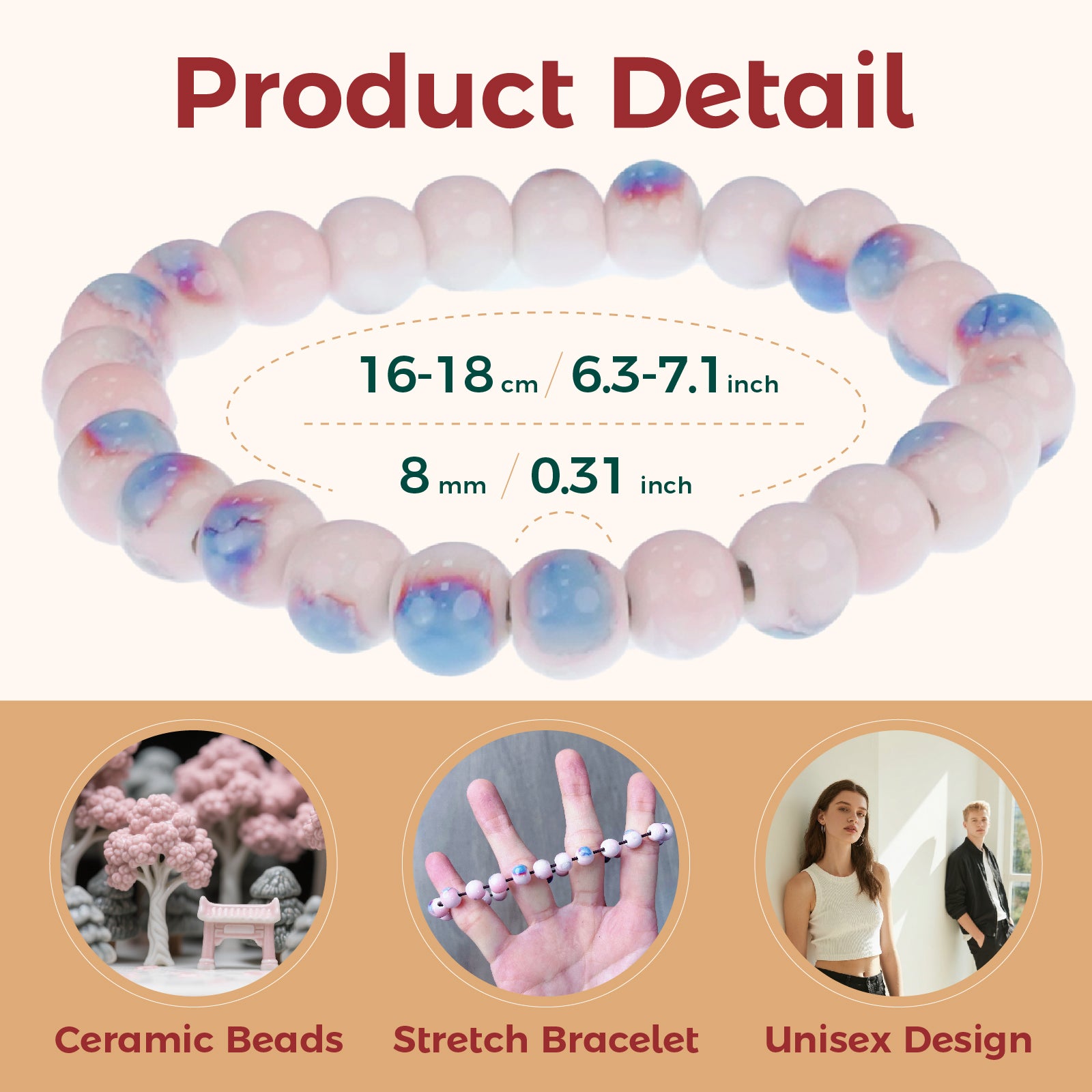 Handmade Ceramic Bead Bracelet, 8mm Beads Stretch Bracelet with Elastic Rope for Adjustable Fit, Stackable Boho Jewelry for Women