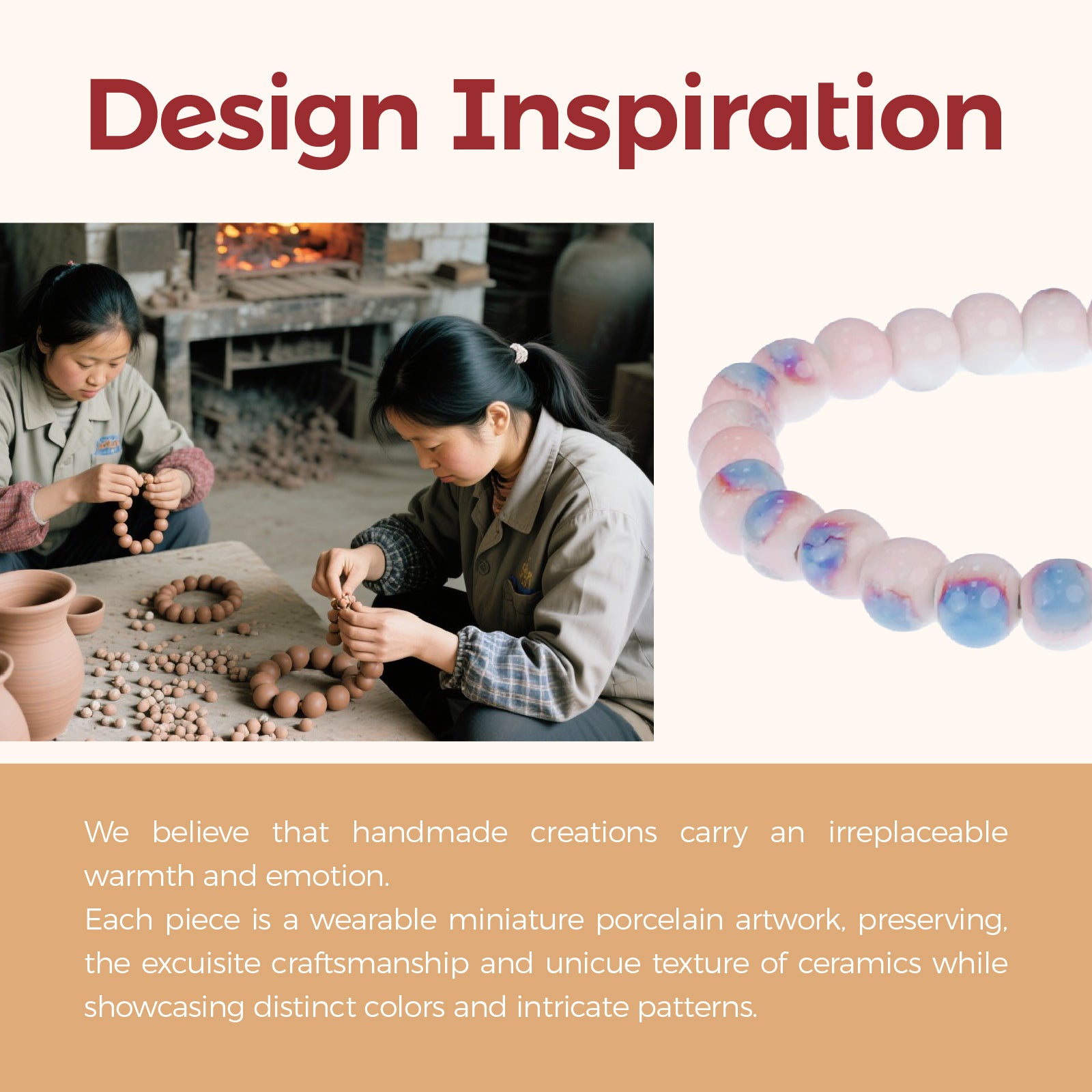 Handmade Ceramic Bead Bracelet, 8mm Beads Stretch Bracelet with Elastic Rope for Adjustable Fit, Stackable Boho Jewelry for Women