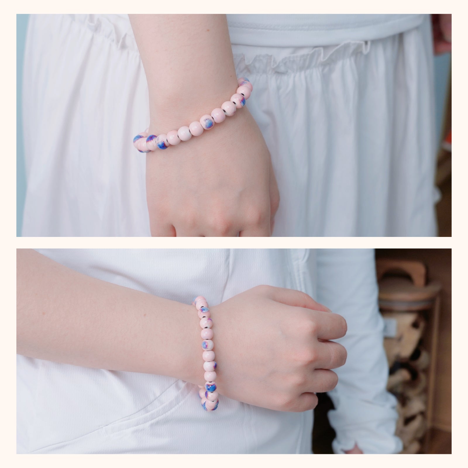 Handmade Ceramic Bead Bracelet, 8mm Beads Stretch Bracelet with Elastic Rope for Adjustable Fit, Stackable Boho Jewelry for Women