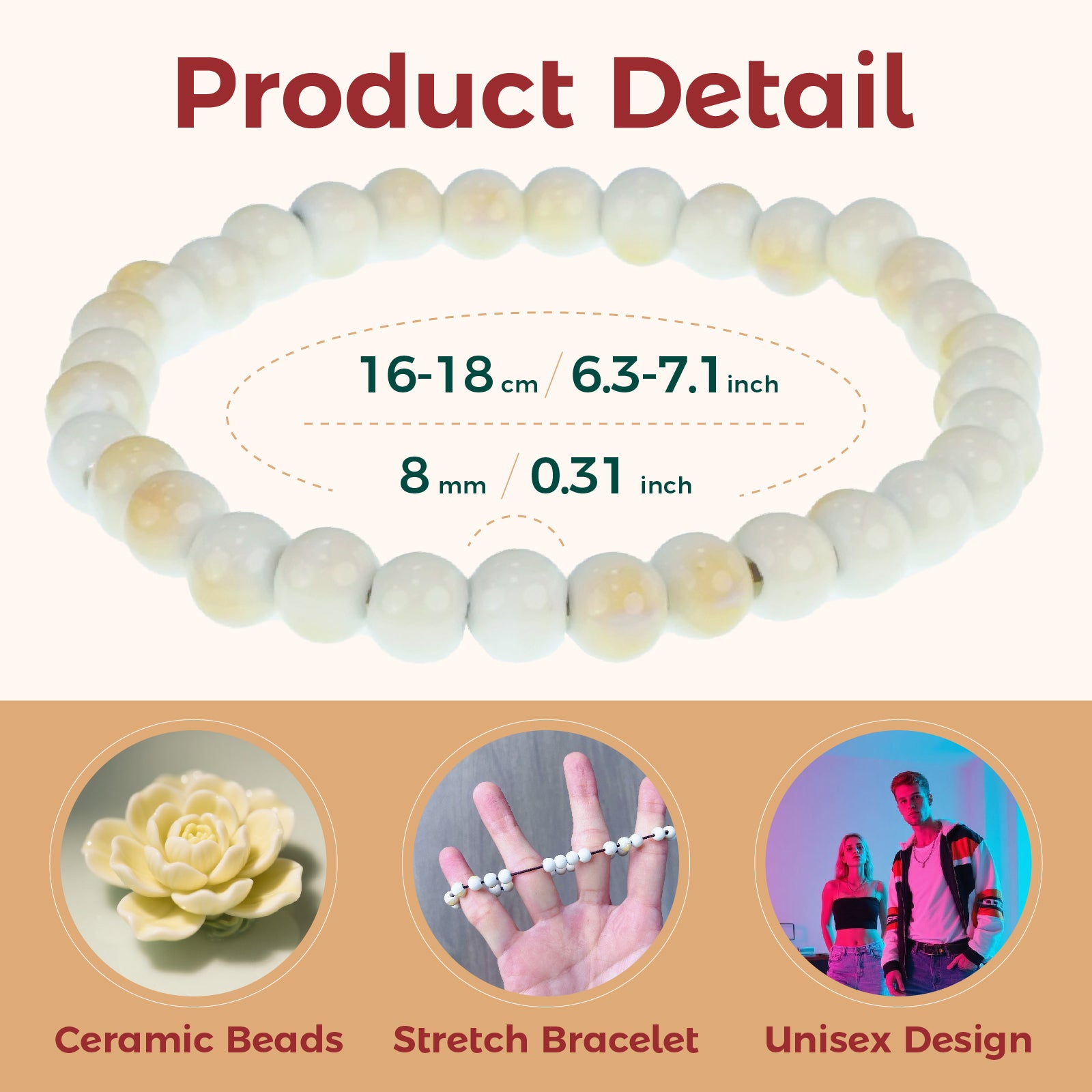 Handmade Ceramic Bead Bracelet, 6mm Beads Stretch Bracelet with Elastic Rope for Adjustable Fit, Stackable Jewelry for Women and Men