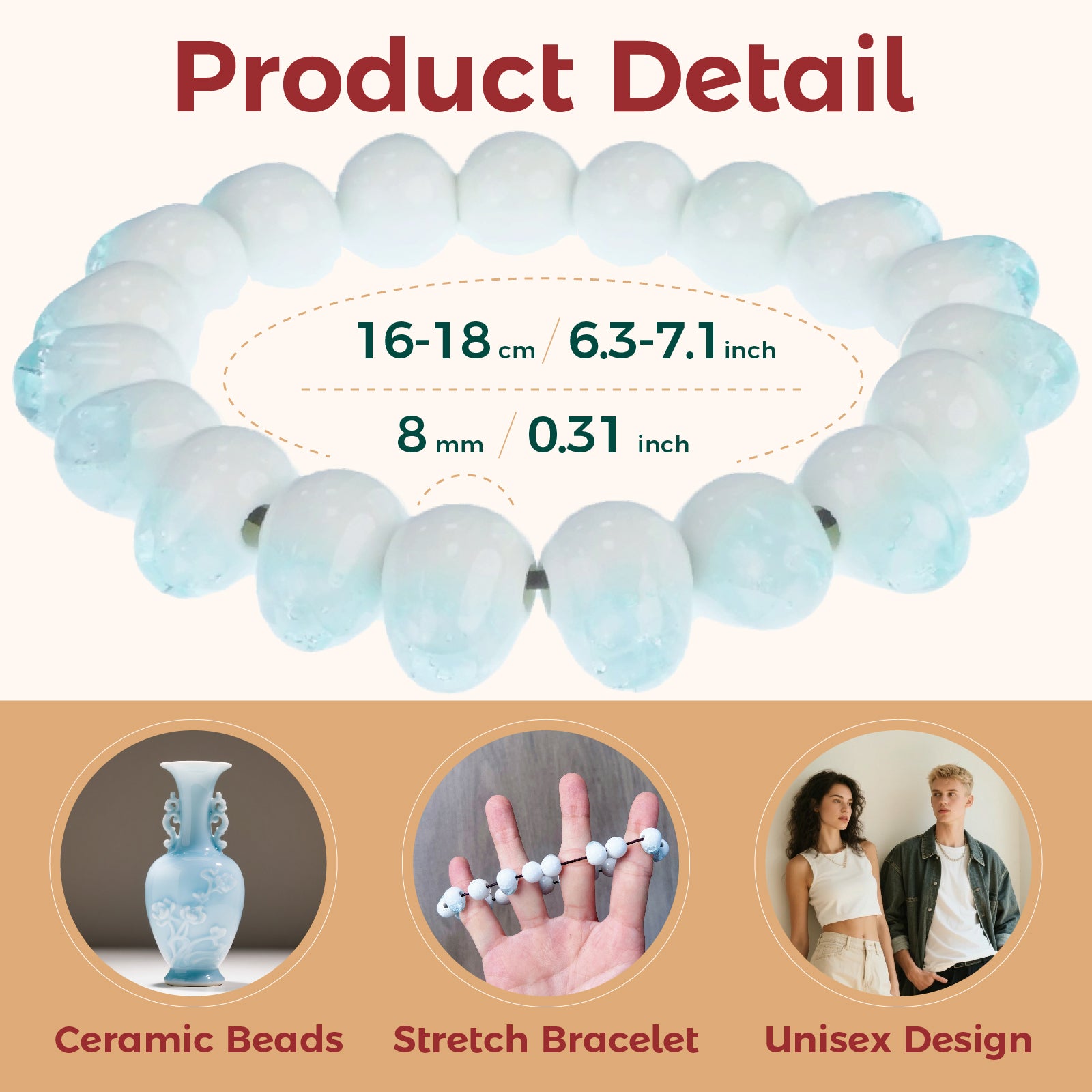 Handmade Ceramic Bead Bracelet, 8mm Beads Stretch Bracelet with Elastic Rope for Adjustable Fit, Stackable Bracelets for Women and Men