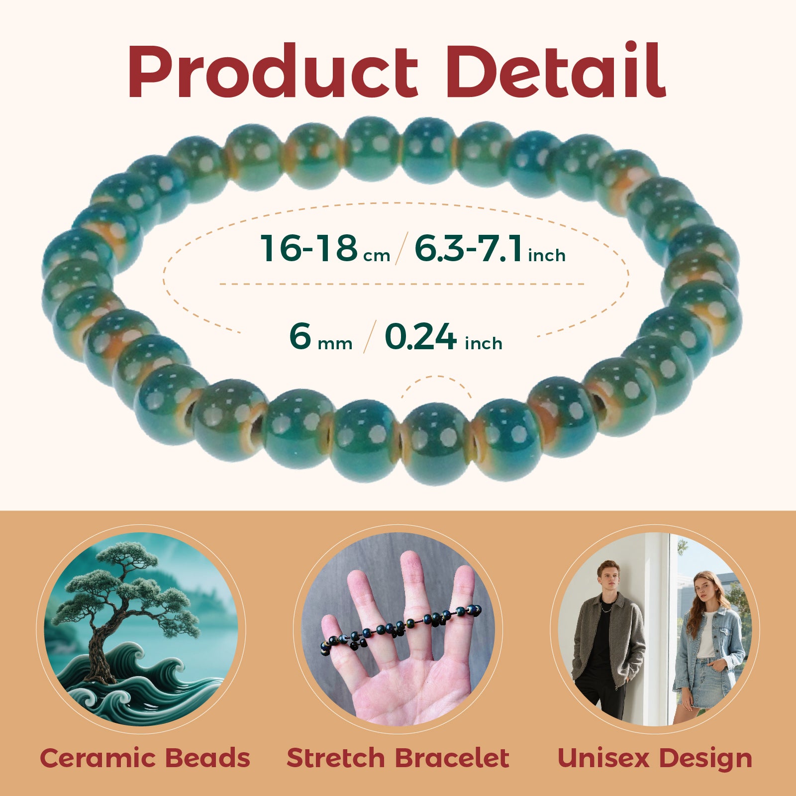 Handmade Ceramic Bead Bracelet, Teal and Brown Beaded Stretch Bracelet for Women, Boho Elastic Jewelry