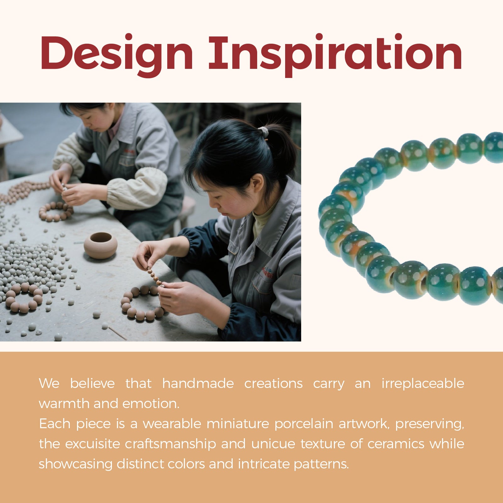 Handmade Ceramic Bead Bracelet, Teal and Brown Beaded Stretch Bracelet for Women, Boho Elastic Jewelry