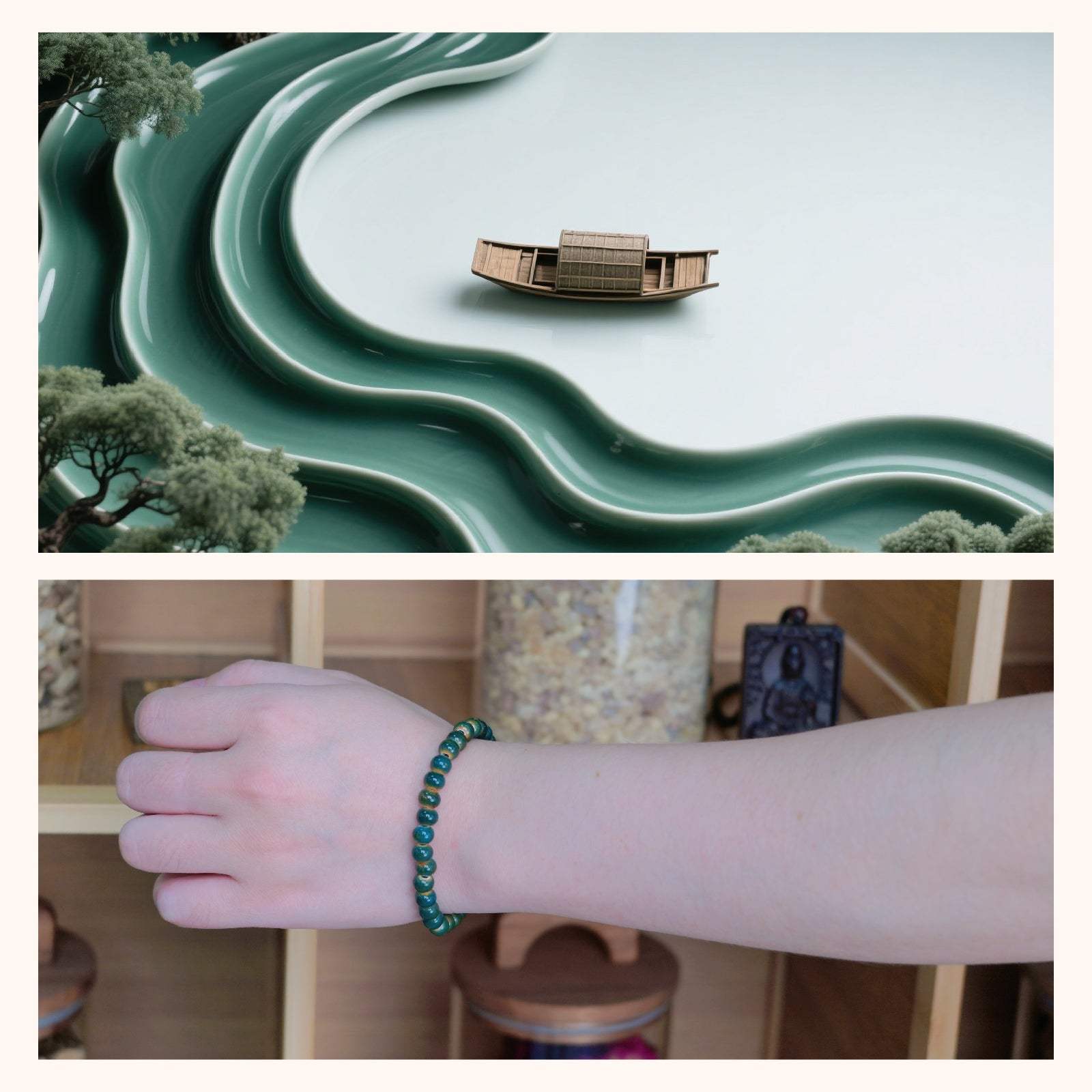 Handmade Ceramic Bead Bracelet, Teal and Brown Beaded Stretch Bracelet for Women, Boho Elastic Jewelry