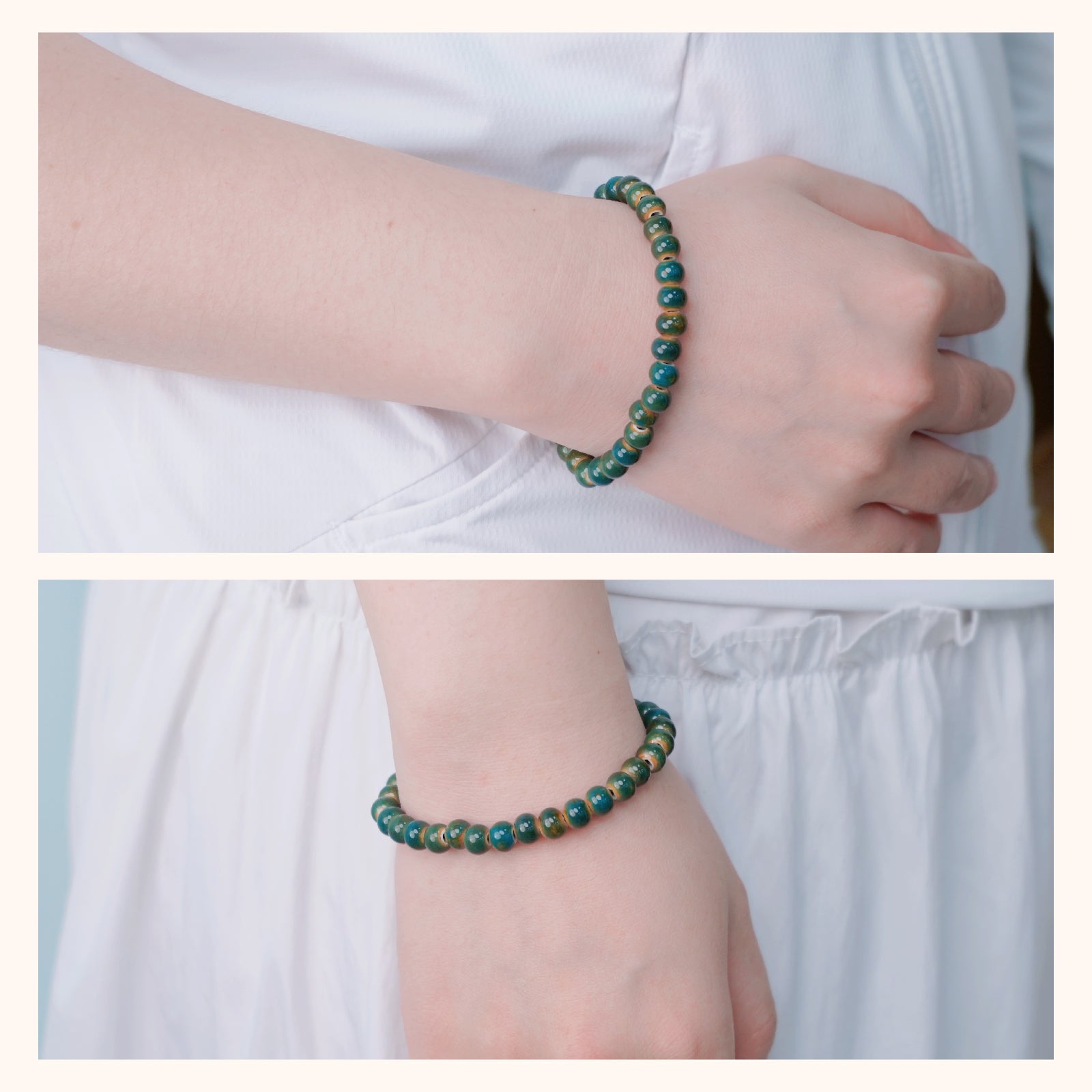 Handmade Ceramic Bead Bracelet, Teal and Brown Beaded Stretch Bracelet for Women, Boho Elastic Jewelry