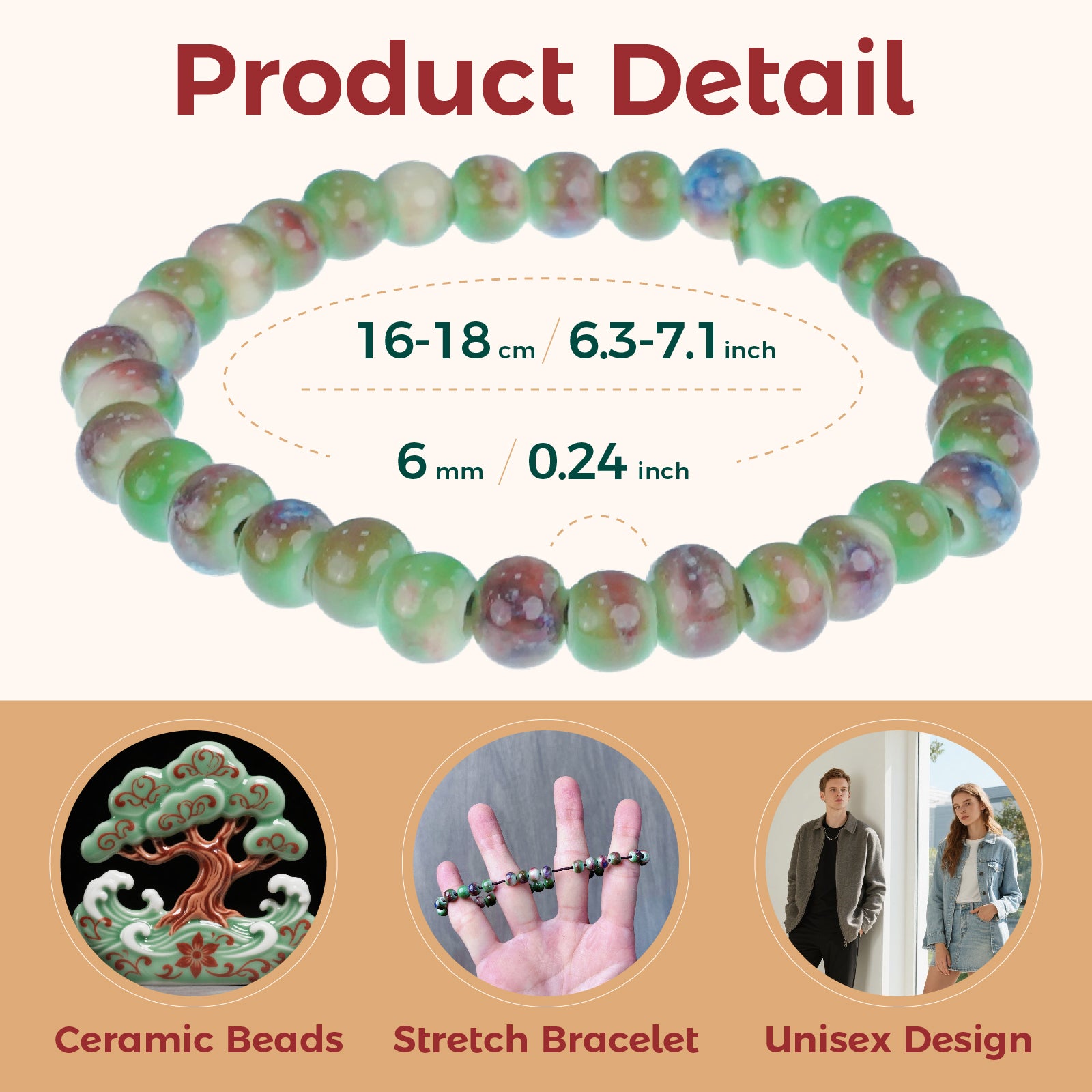 Handmade Ceramic Bead Bracelet, Colorful Green, Brown and Blue Beaded Stretch Bracelet for Women, Boho Elastic Jewelry