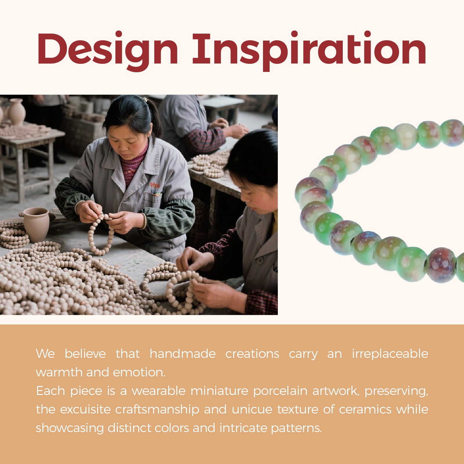 Handmade Ceramic Bead Bracelet, Colorful Green, Brown and Blue Beaded Stretch Bracelet for Women, Boho Elastic Jewelry