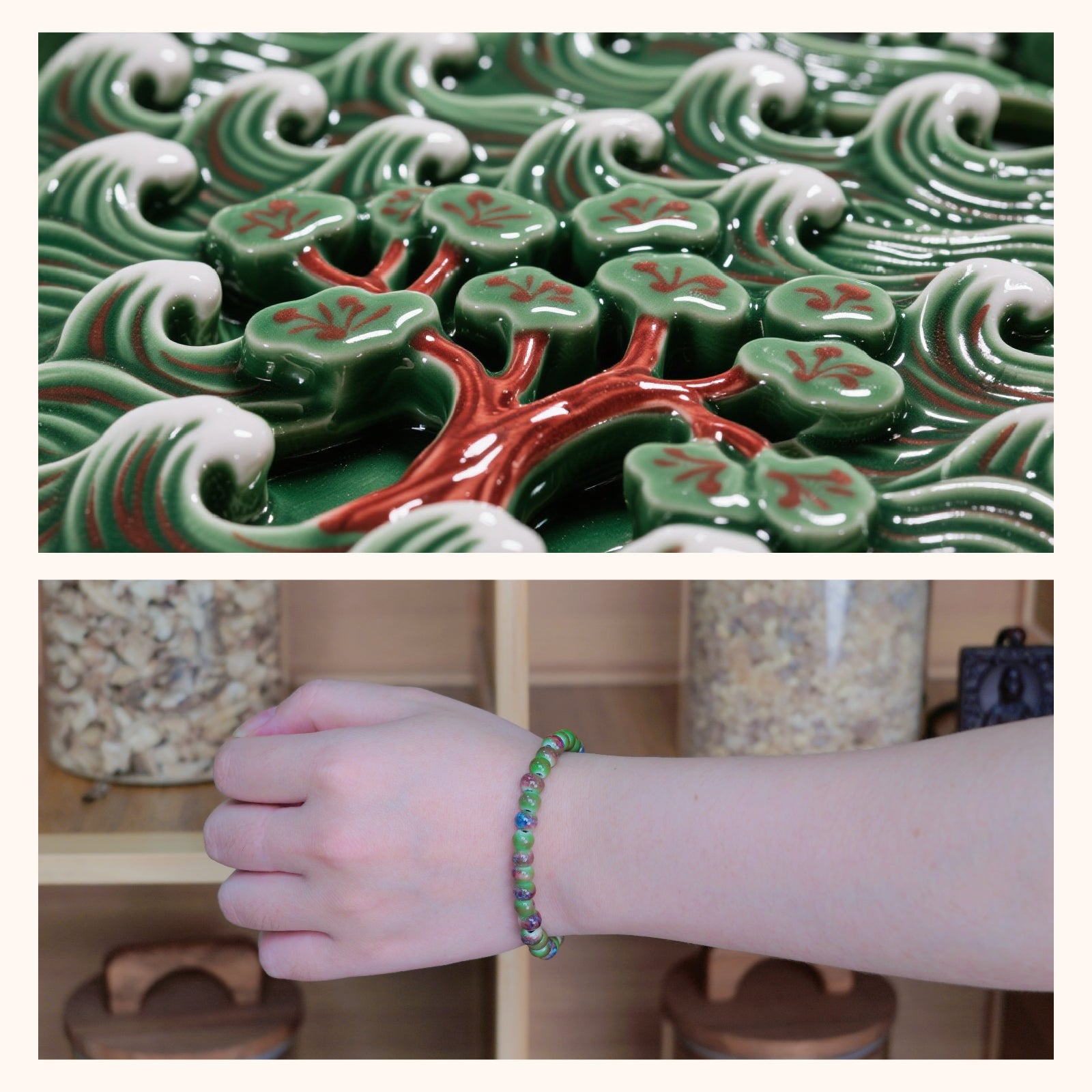 Handmade Ceramic Bead Bracelet, Colorful Green, Brown and Blue Beaded Stretch Bracelet for Women, Boho Elastic Jewelry