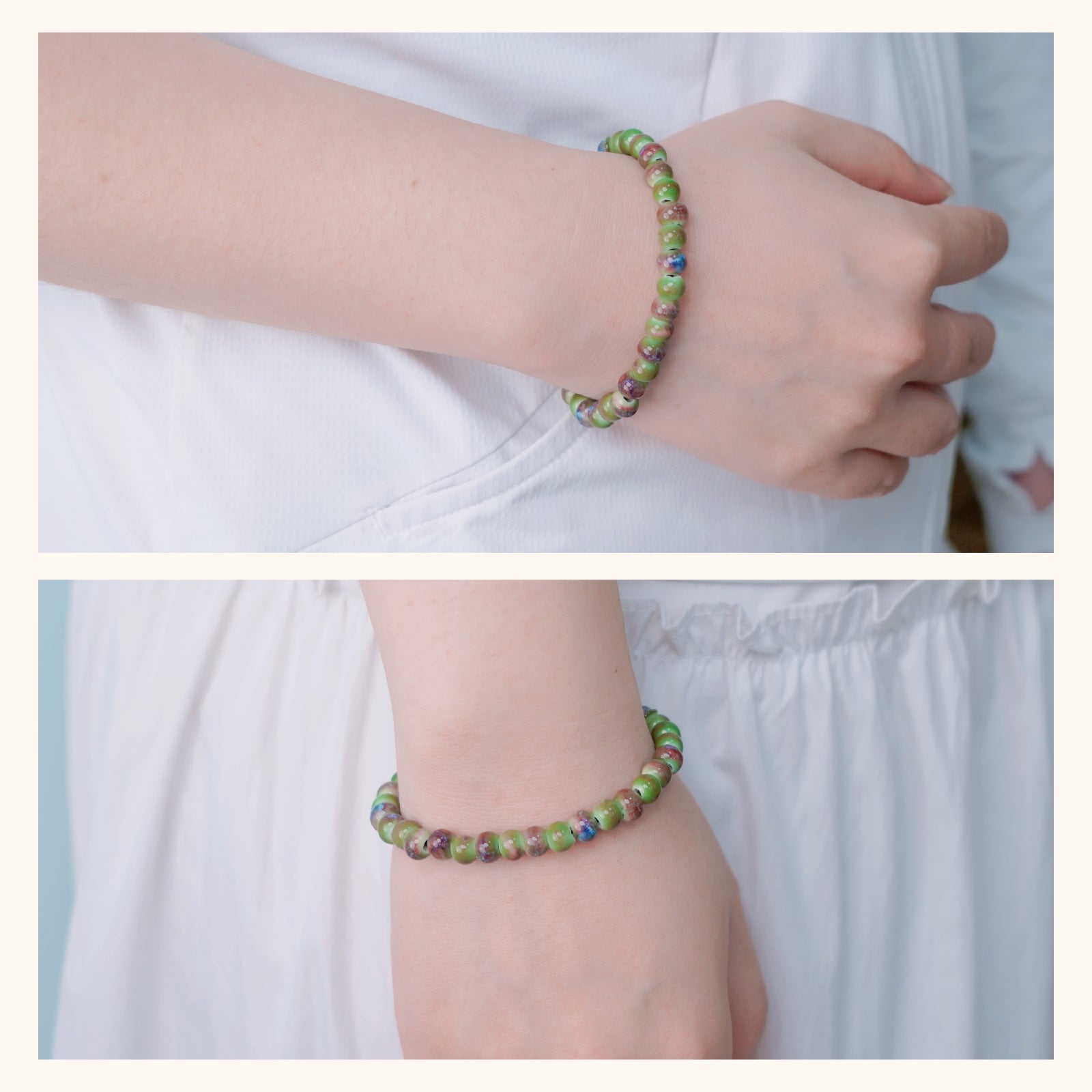 Handmade Ceramic Bead Bracelet, Colorful Green, Brown and Blue Beaded Stretch Bracelet for Women, Boho Elastic Jewelry