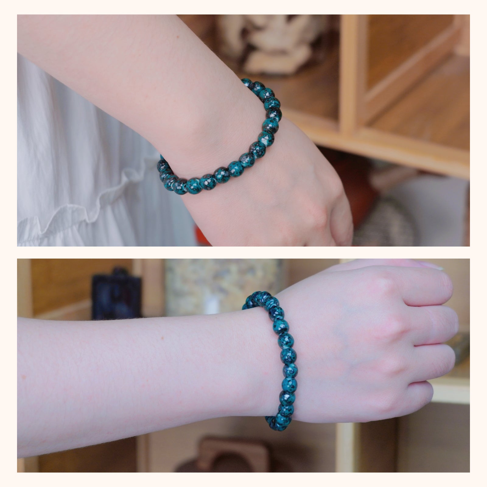 Blue Speckled Beaded Stretch Bracelet, Handcrafted Boho Statement Jewelry for Women, Unique Colorful Bead Bracelet Gift for Fashion Enthusiasts