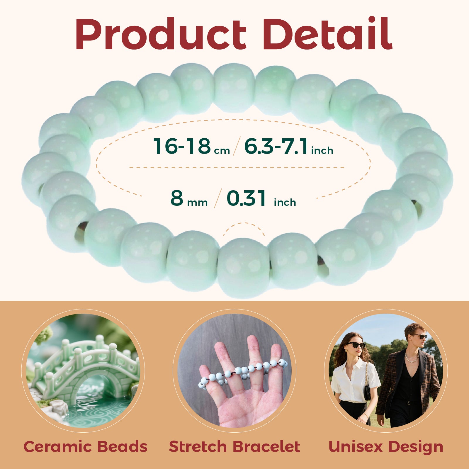 Unisex Light Green Ceramic Beaded Stretch Bracelet, 8mm Beads, Handcrafted Boho Jewelry for Women Men, Gift for Yoga Meditation & Daily Wear