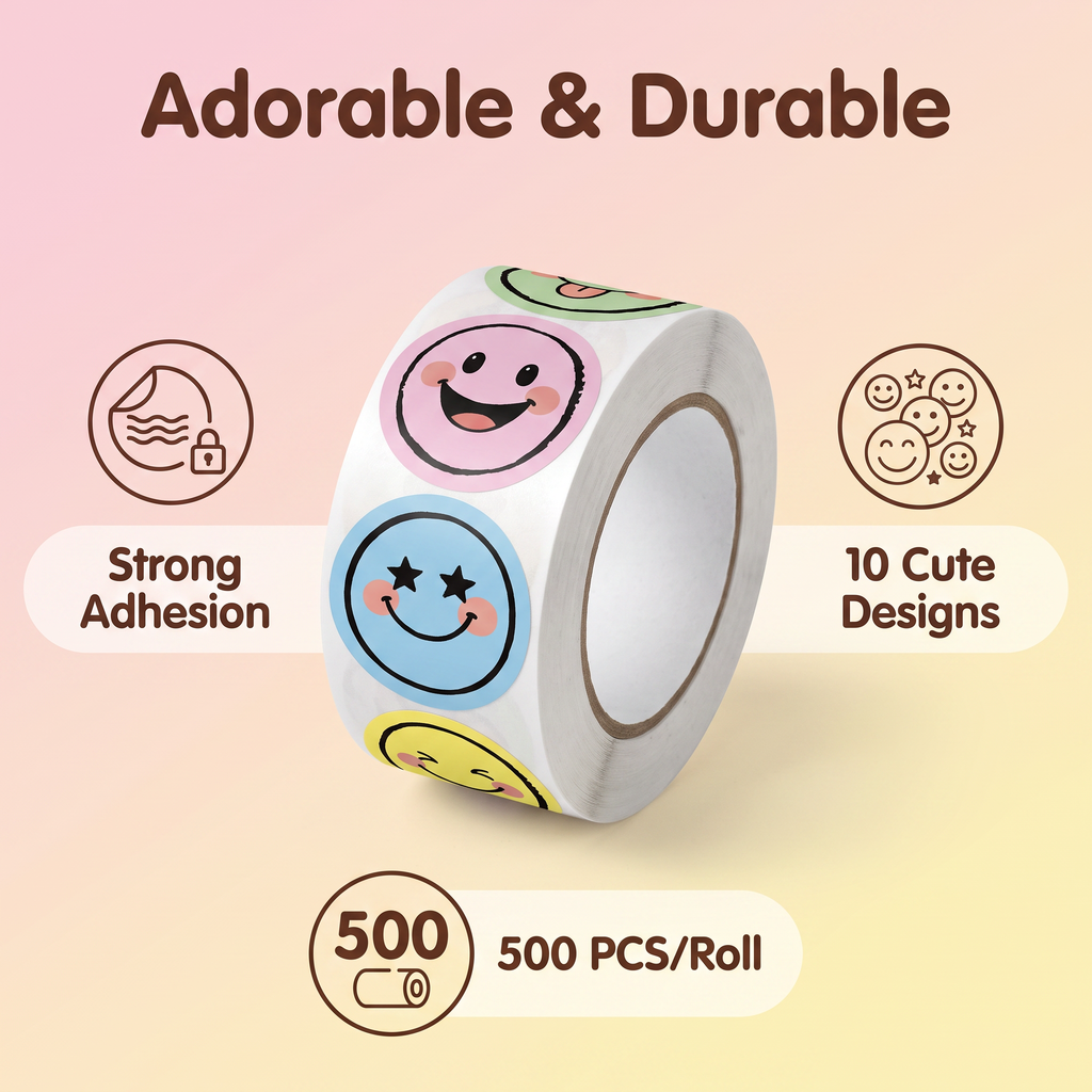Axxlern Design 500 Smiley Face Stickers,Emoji Sticker Roll for Kids