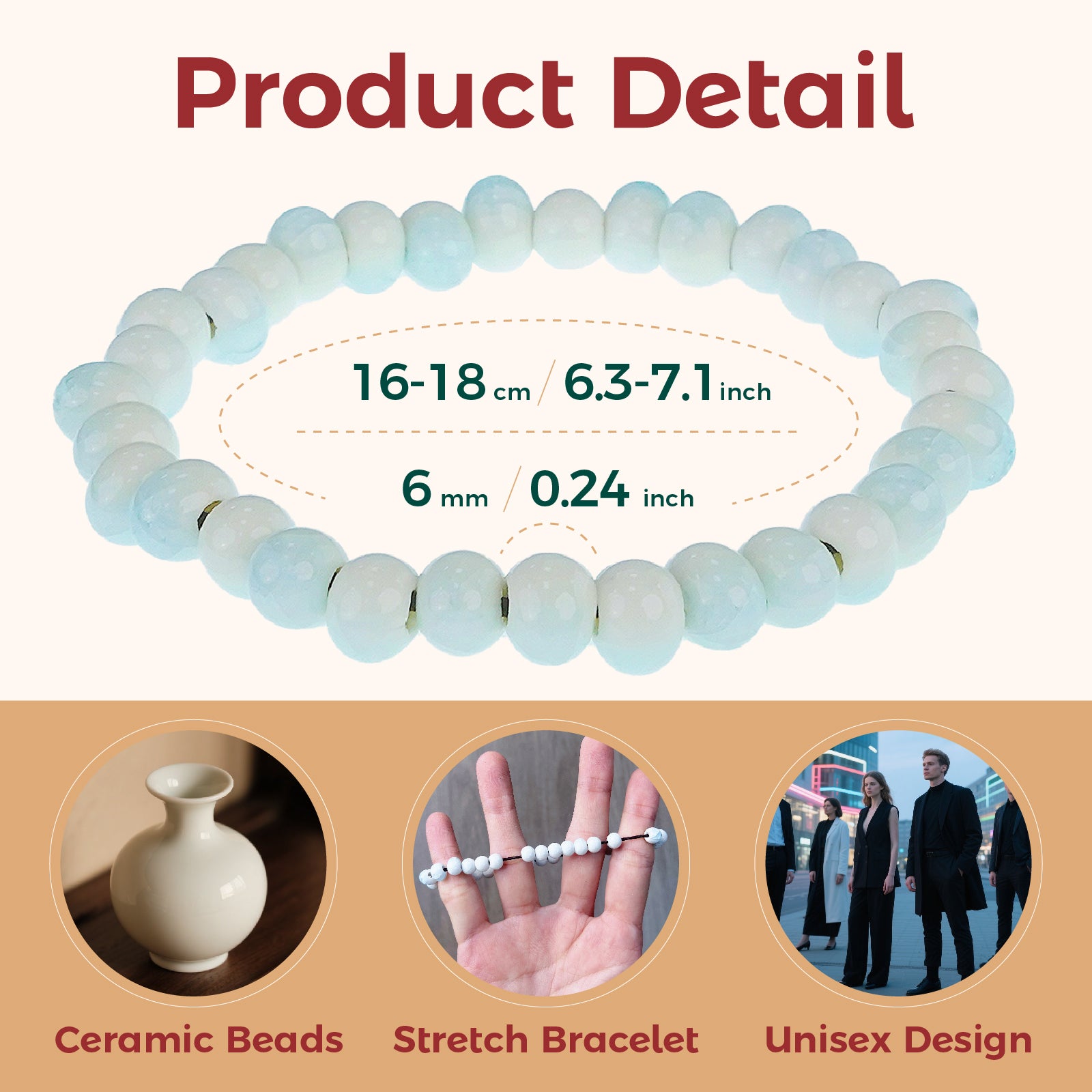 Bead Bracelets 6mm Round Ceramic Beads Stretch Bracelet Colorful Beaded Bracelets Fits for Men and Women (White Ice)