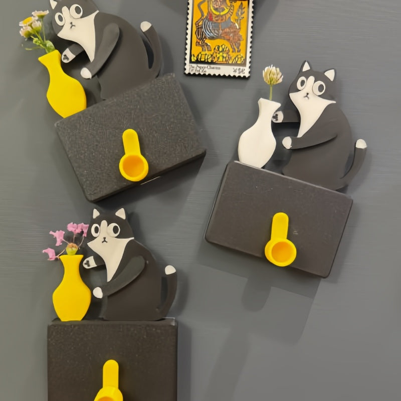 Funny Black Cat Fridge Magnets, Fridge Magnets with Swinging Vase, 3D Kitchen Fridge Decor for Cat Lovers, Novelty Office Accessories Home Kitchen Office Locker Decor