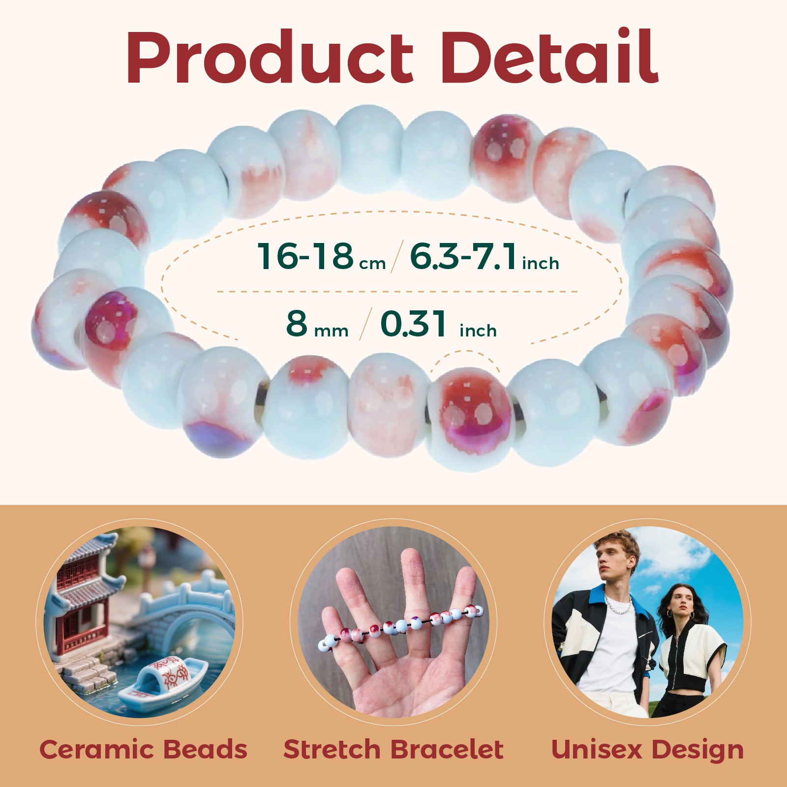 Ceramic Bead Stretch Bracelet, Unisex Handmade Bracelet with 8mm Beads, Adjustable Stretch Bracelet for Daily Wear & Gifting