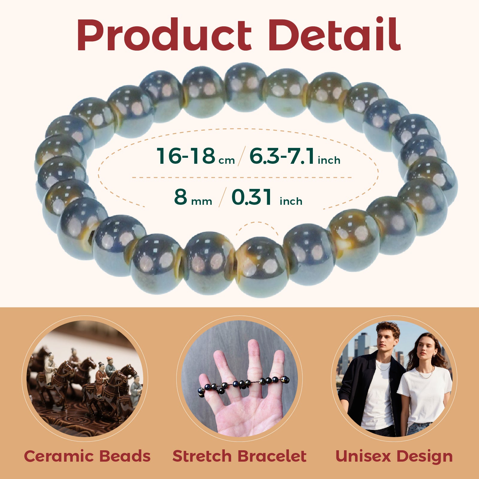 Unisex Ceramic Bead Stretch Bracelet, 8mm Beaded Adjustable Bracelet for Men & Women, Unique Handcrafted Jewelry for Everyday Accessory
