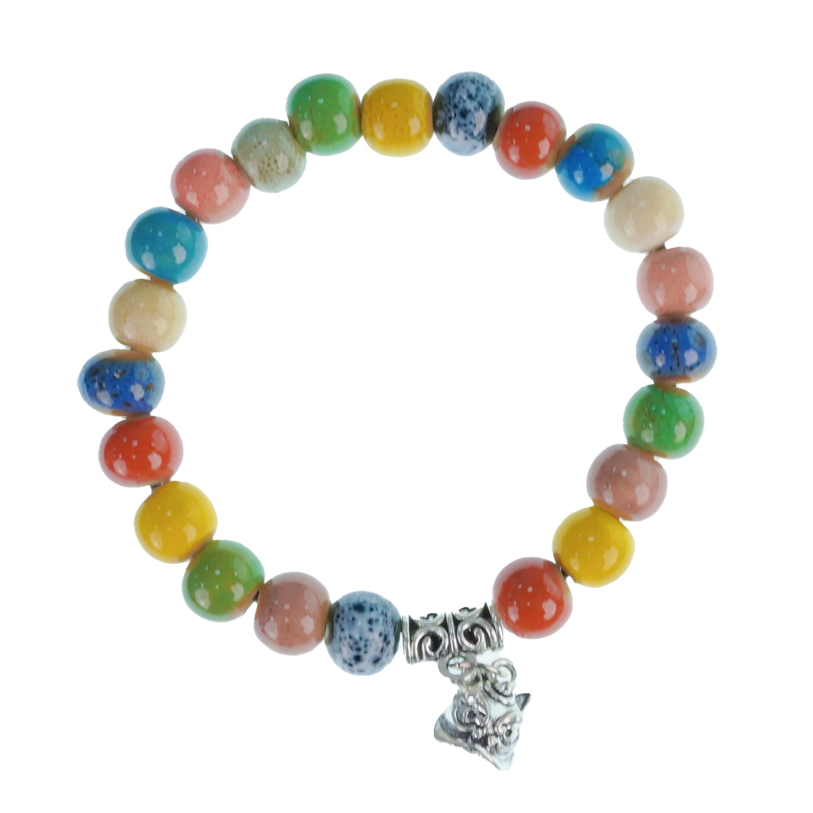 Colorful Ceramic Bead Stretch Bracelet with Cat Charm, Unisex Adjustable Bracelet, Handmade Boho Jewelry for Daily Wear & Gifting