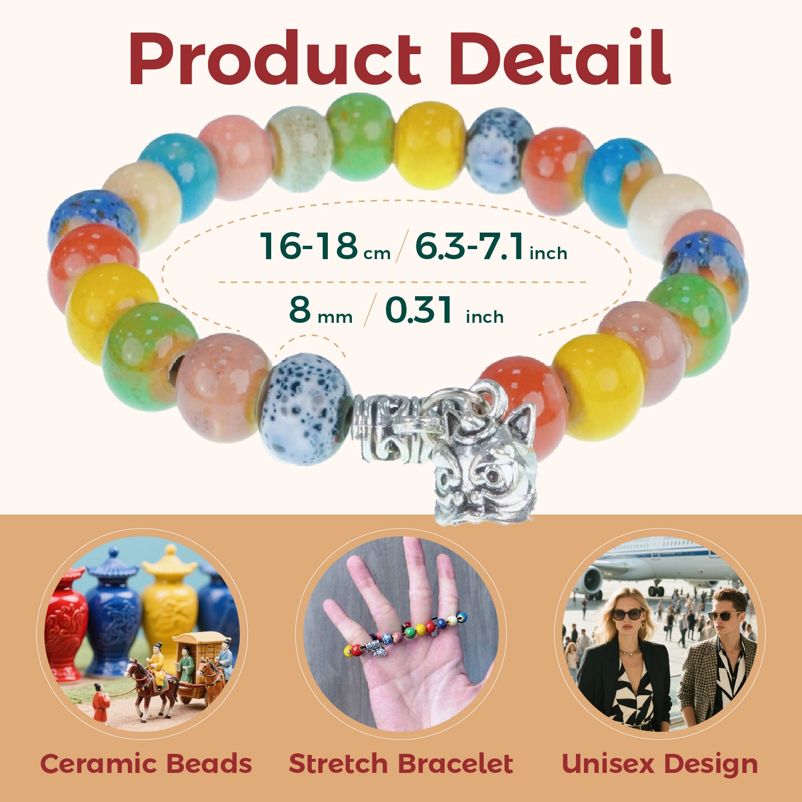 Colorful Ceramic Bead Stretch Bracelet with Cat Charm, Unisex Adjustable Bracelet, Handmade Boho Jewelry for Daily Wear & Gifting