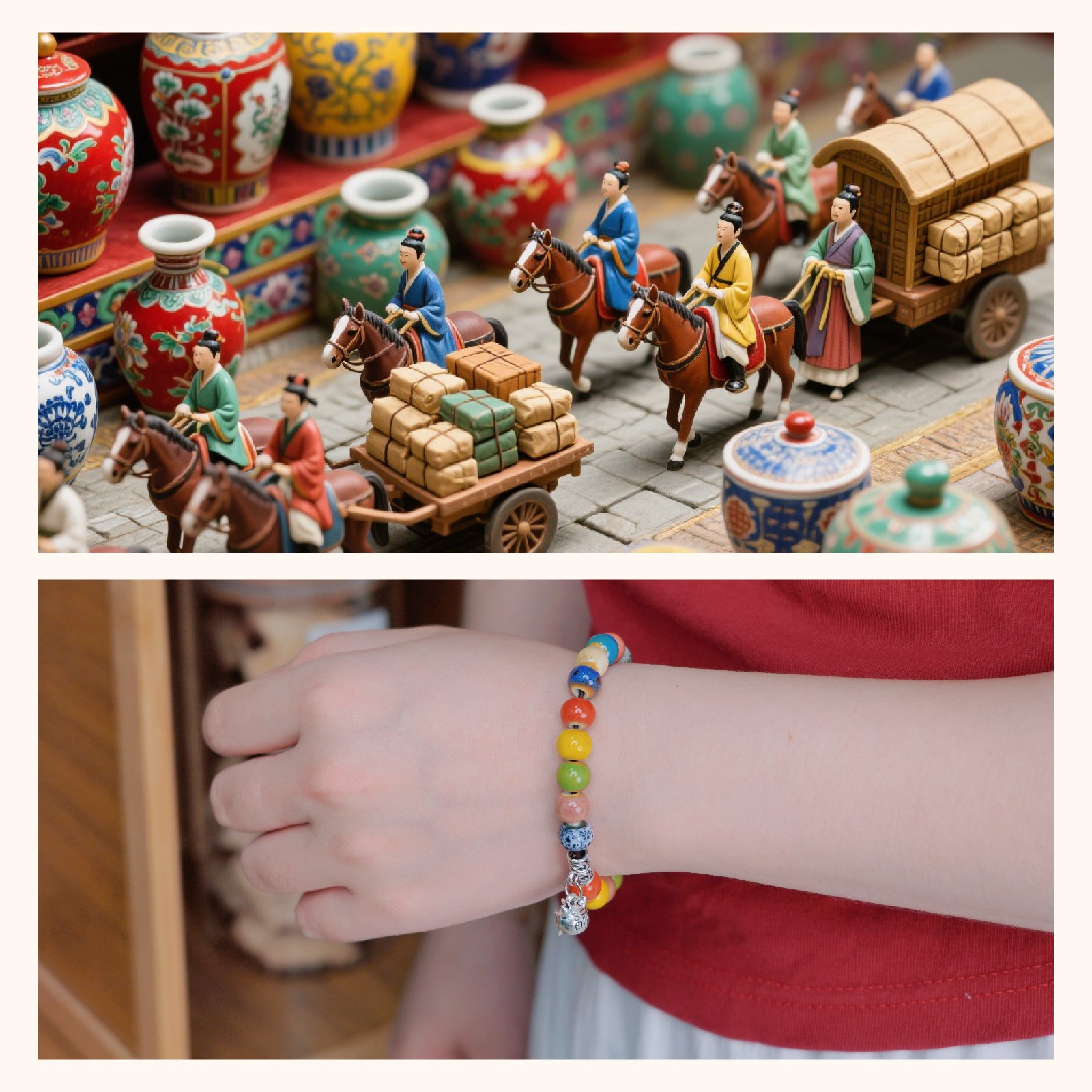 Colorful Ceramic Bead Stretch Bracelet with Cat Charm, Unisex Adjustable Bracelet, Handmade Boho Jewelry for Daily Wear & Gifting