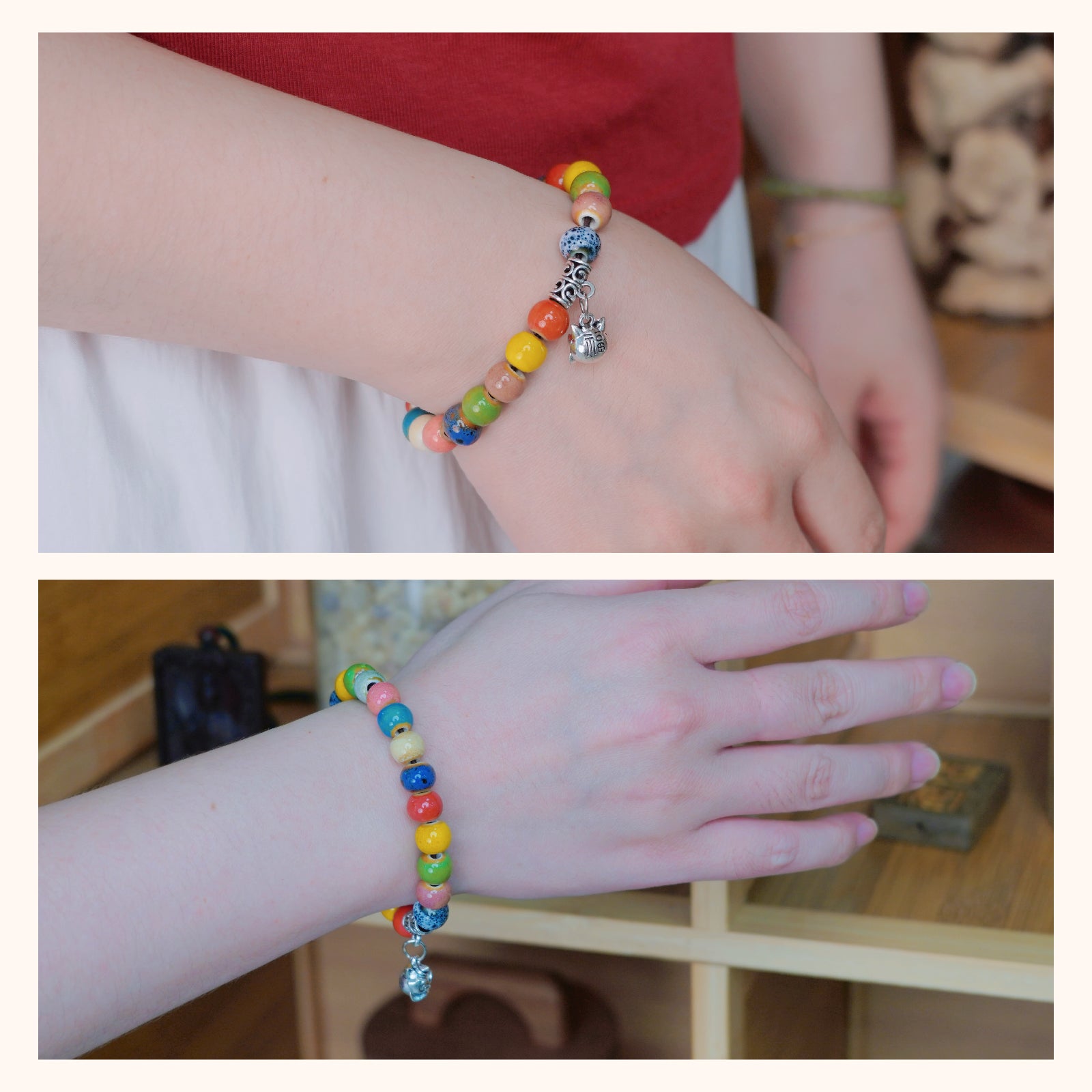 Colorful Ceramic Bead Stretch Bracelet with Cat Charm, Unisex Adjustable Bracelet, Handmade Boho Jewelry for Daily Wear & Gifting