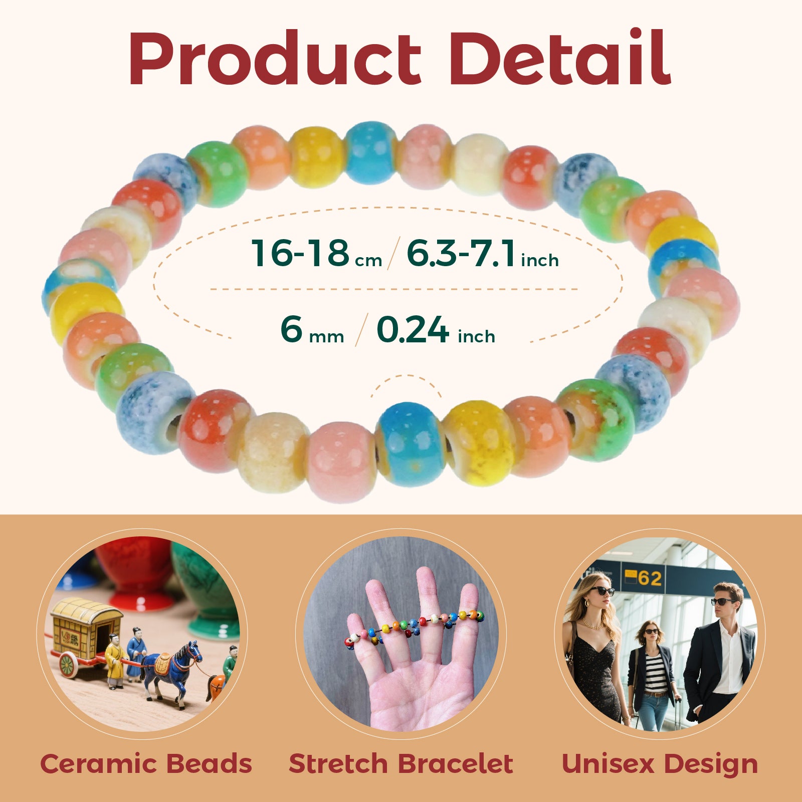 Rainbow Ceramic Bead Stretch Bracelet, 6mm Beads Unisex Adjustable Bracelet for Daily Wear & Gifting