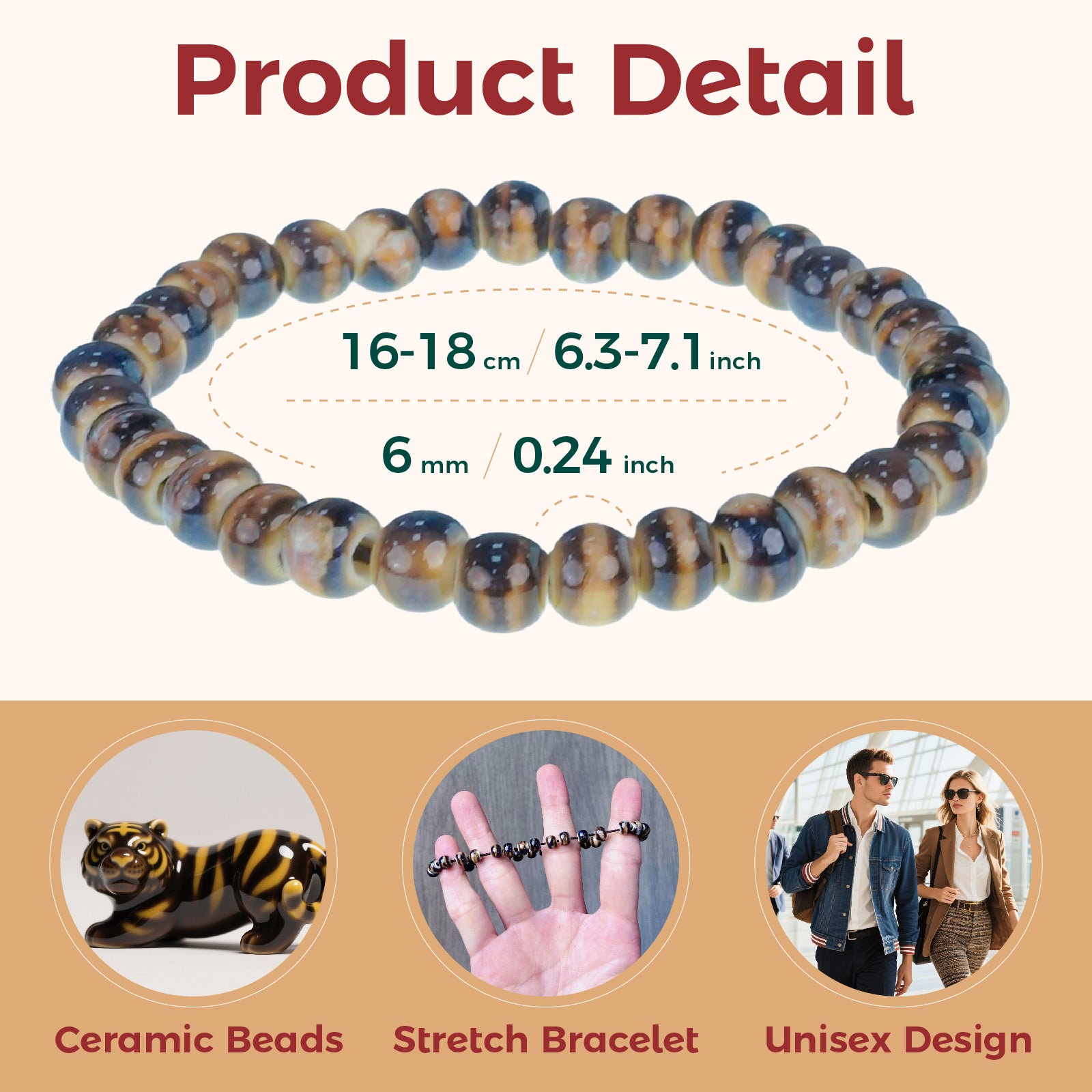 Unisex Ceramic Bead Stretch Bracelet, 6mm Beads, Handmade Adjustable Elastic Bracelet for Men & Women