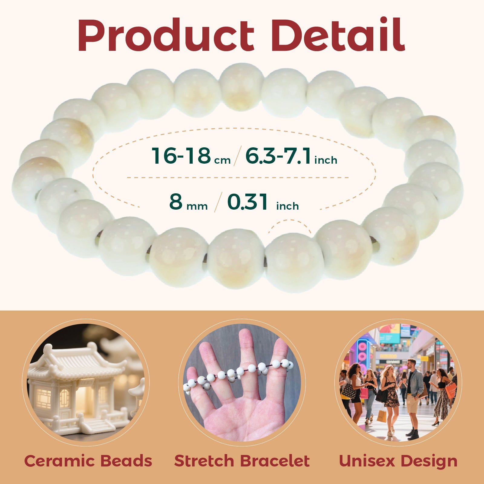 Handmade Cream Ceramic Bead Bracelet, Elastic Stretch Bracelet for Women, Boho Jewelry Gift