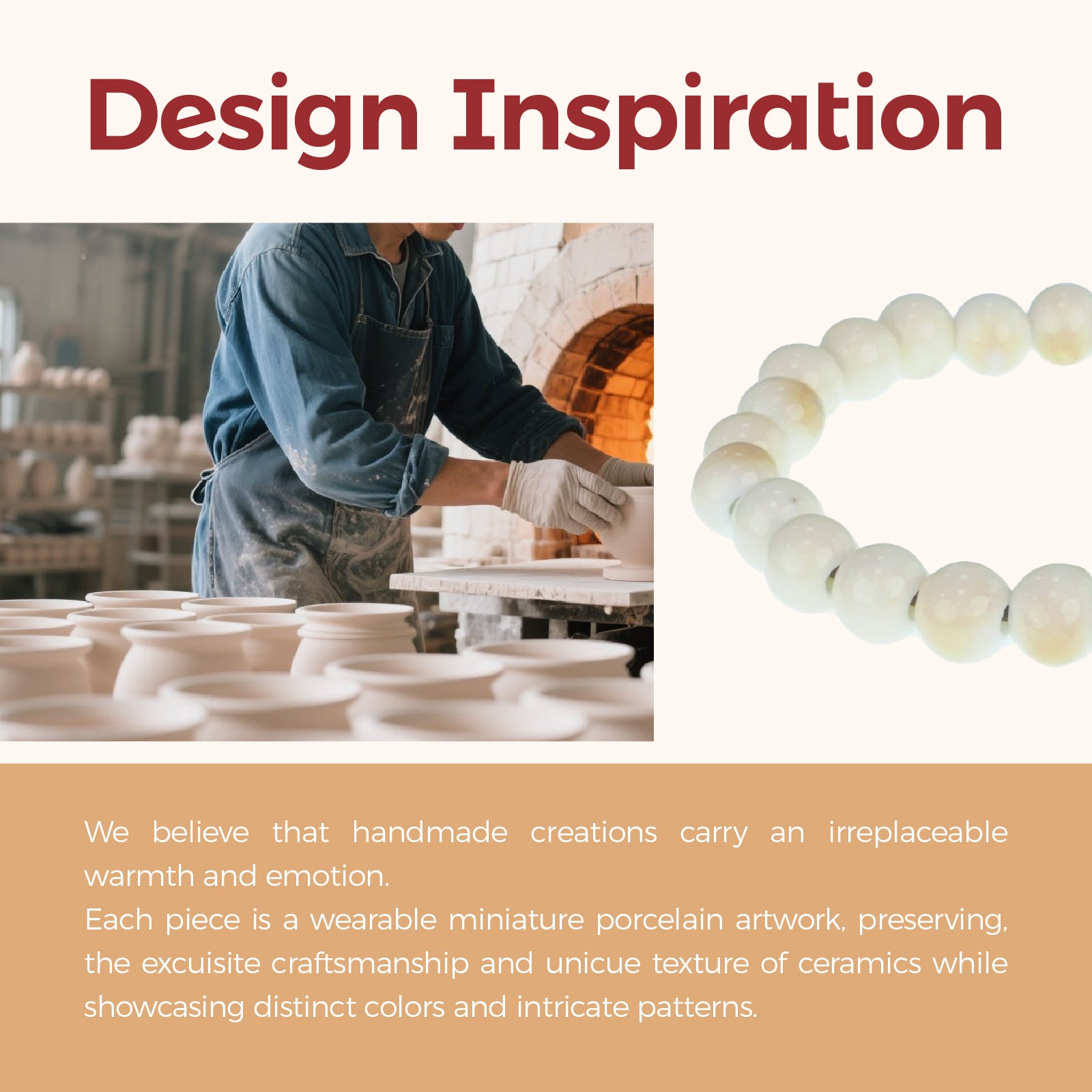 Handmade Cream Ceramic Bead Bracelet, Elastic Stretch Bracelet for Women, Boho Jewelry Gift