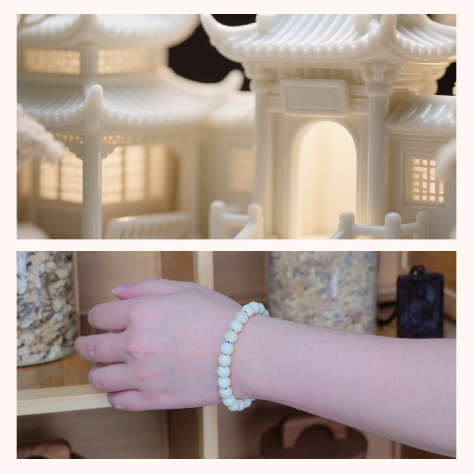 Handmade Cream Ceramic Bead Bracelet, Elastic Stretch Bracelet for Women, Boho Jewelry Gift